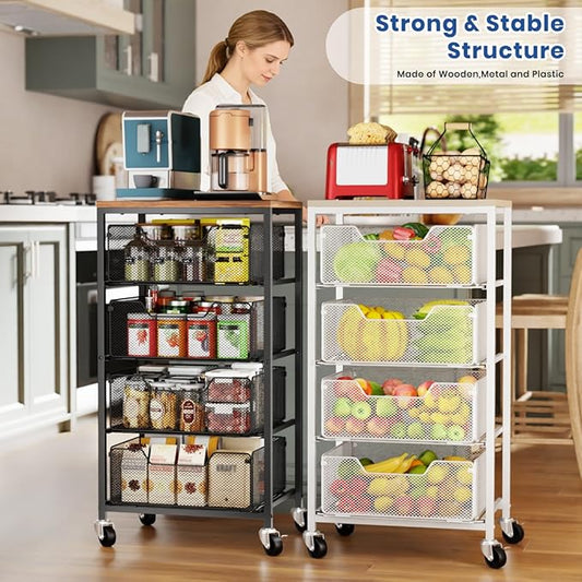 Goovilla Kitchen Cart with Drawers, 4 Tier Metal Rolling Utility Cart Organizer on Lockable Wheels with Wooden Top, White Fruit Vegetable Storage Rack Also for Cans, Snack, Craft, Art, Office, Beauty