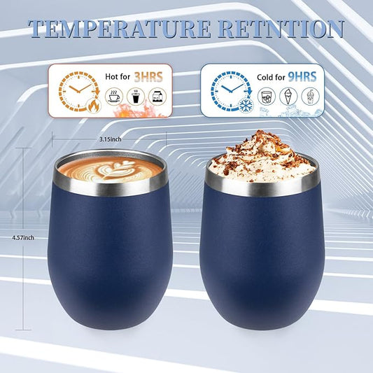12oz/4 Pack Wine Tumbler with lid, Stainless Steel Travel Mugs Stemless Double Wall Insulated Coffee Cup, Insulated Wine Glasses Travel Tumbler for Cold & Hot Drinks(Mixed color-1, 4)