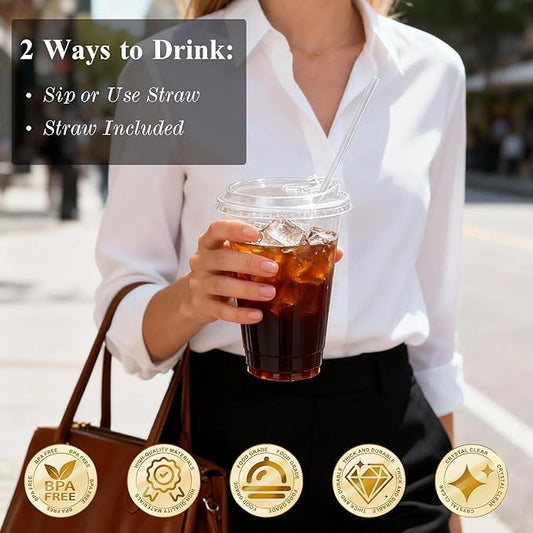 Goodluck 100 Pack 16 oz Clear Plastic Cups with Lids - Disposable Iced Coffee Cups with lids for Party Drinks Smoothies, Juices, and More - Straws Included, BPA Free & Food Safe