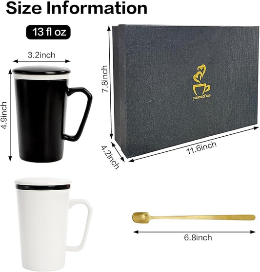 ZENFUN 2 Pc Ceramic Mugs Set for Couple, Coffee Mugs with Gift Box, Engagement Wedding Gift His and Hers, 13 oz Porcelain Mug Set with Lid and Gold Spoon(Black&White)