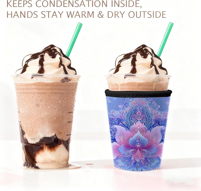 Boho Lotus Flower Iced Coffee Sleeve Set of 3 Reusable Neoprene Cup Holder for Cold Drinks Fits 16oz 24oz 30oz Cups Aesthetic Insulated Cup Sleeve