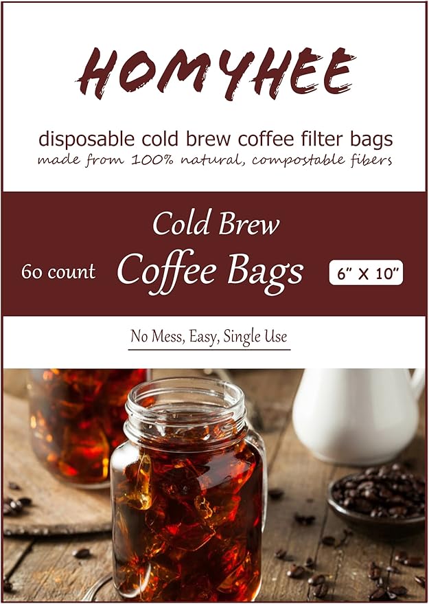 HOMYHEE Cold Brew Coffee Bags 60 Count Disposable Fine Mesh Brewing Bags for Concentrate/Iced Coffee Maker, French/Cold Press Kit, Hot Tea in Mason Jar or Pitcher, 6 x 10 Inches
