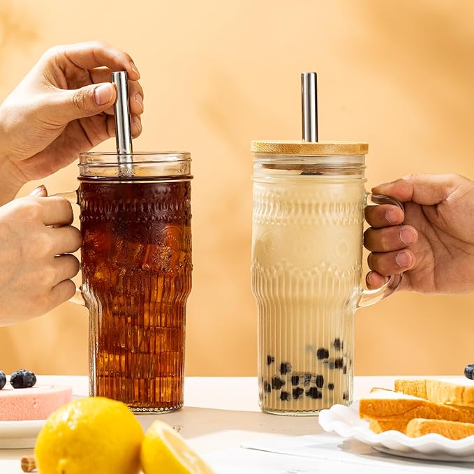 Glass Cups with Bamboo Lids and Straws, 24oz Glass Tumbler with Handle, Stainless Steel Straws & Cleaning Brushes – Boho Pattern Iced Coffee Cup for Smoothies, Tea, and Gifts, Set of 2