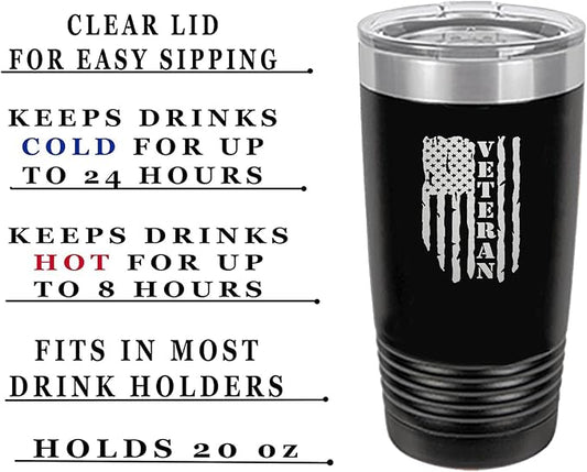 Rogue River Tactical USA Flag Veteran 20 Oz. Travel Tumbler Mug Cup w/Lid Vacuum Insulated Hot or Cold Military Vet Gift (Black)