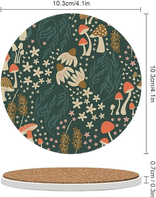 Round-6PCS Botanical Ceramic Coasters, Round Absorbent Drink Coasters, Cartoon Green Botanical Floral Leaves Mushroom Plant Ceramic Table Coasters for Coffee, Beverage, Wine, Beer Coasters