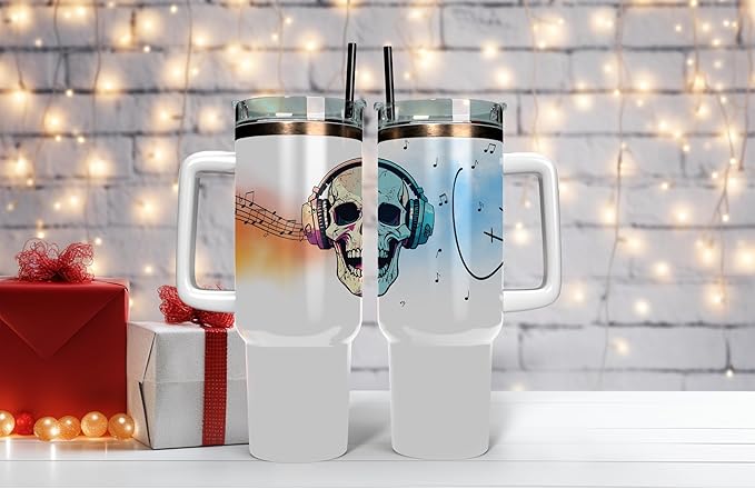 Halloween Skull Tumbler with Straw, Stainless Steel, 40 oz, Music Theme, Custom Insulated Travel Mug