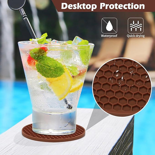 Coasters Set of 6,Coasters for Drinks,Coffee Table Decor Coaster with Holder,Suitable for Kinds Cup,Anti-SLI,Heat-Resisting,Silicone Cup Coaster and Home Decor (6 Pcs, Brown)