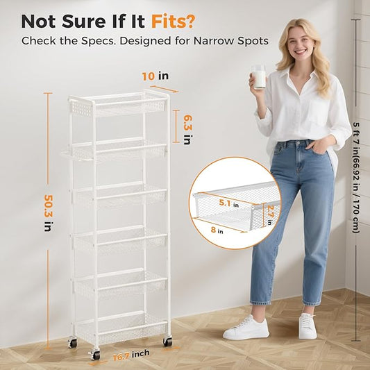 6 Tier Slim Storage Cart with Wheels, 10" D Rolling Storage Cart for Small Space, Metal Narrow Spice Cabinet Mobile Shelving Unit Organizer with Handle for Kitchen, Laundry - White