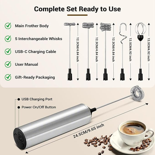 Milk Frother Handheld Rechargeable - 2-Speed Electric Whisk with 5 Detachable Heads (Frother/Mixer/Whisk) for Coffee, Latte, Cappuccino & Matcha, Drink Mixer (silver)