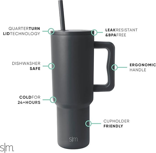 Simple Modern 40 oz Trek Tumbler with Handle and Straw Lid | Cup Holder Friendly Insulated Stainless Steel Travel Mug | Graphite