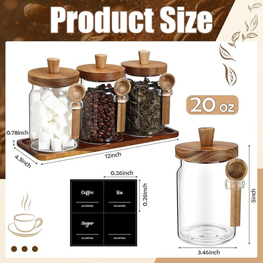 Suclain 3 Pcs Glass Coffee Container with Wooden Lid Spoon Shelf Labels Clear Airtight Jar Food Storage Canister Set for Sugar Spice Coffee Bean Holder Housewarming Gift(20 oz,Acacia Brown)