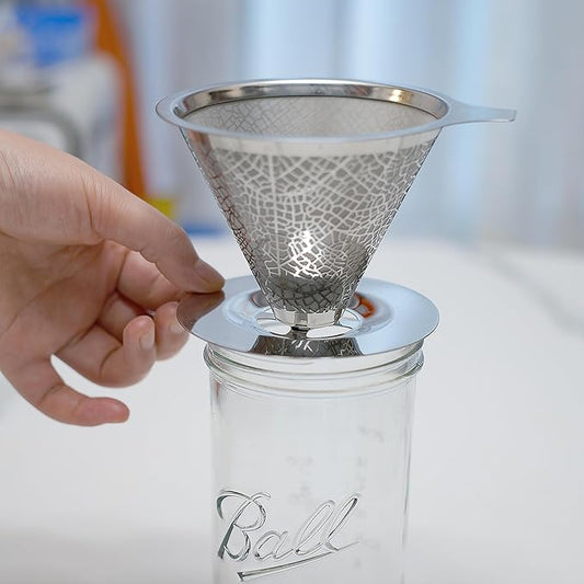 Reusable Stainless Steel Pour Over Drip Coffee Filter for Mason Jars,Fits Wide Mouth & Regular Jars, Manual Brew Coffee Dripper,No Paper Filters Needed,Rustproof,Dishwasher Safe
