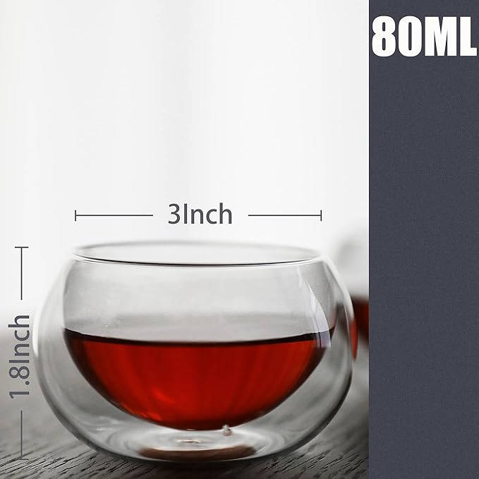 PunPun 2.7oz. 80ml Double Wall Borosilicate Glass Tea Cups Espresso Cups Heatproof Insulating Teacups glass Set of 4