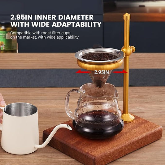 LAMLENT Pour Over Coffee Stand, Height Adjustable Pour over Coffee Maker with Sapele Wooden Base, Paper Filters, Bronze