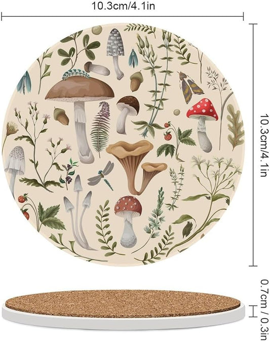 Round-6PCS Botanical Ceramic Coasters, Round Absorbent Drink Coasters, Nature Cartoon Botanical Leaves Mushroom Plants Pattern Ceramic Table Coasters for Coffee, Beverage, Wine, Beer Coasters