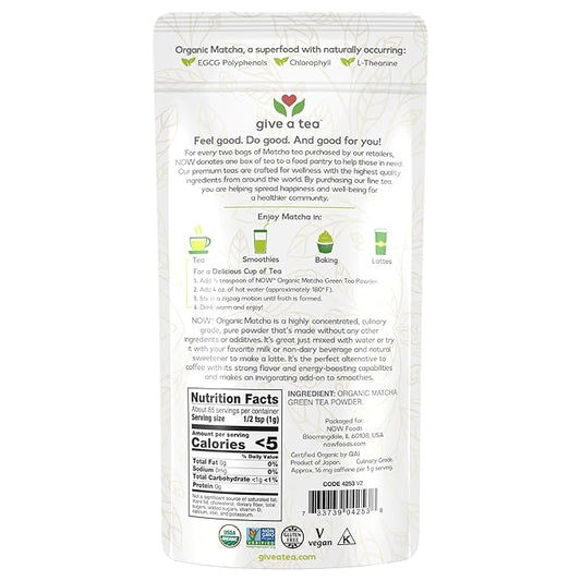NOW Foods, Certified Organic Matcha Green Tea Powder, Non-GMO Project Verified, 3-Ounce (Pack of 2)