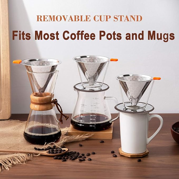 Pour Over Coffee Dripper, Stainless Steel Filter, Easy to Clean Paperless Pour Over Coffee Maker,Reusable Filter, Cone Dripper with Removable Cup Stand