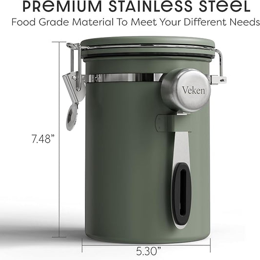 Veken Coffee Canister with Window, Airtight Stainless Steel Kitchen Food Storage Container with Lids, Date Tracker and Scoop for Grounds Coffee, Beans, Tea, Flour, Cereal, Sugar Jars, 22OZ, Green
