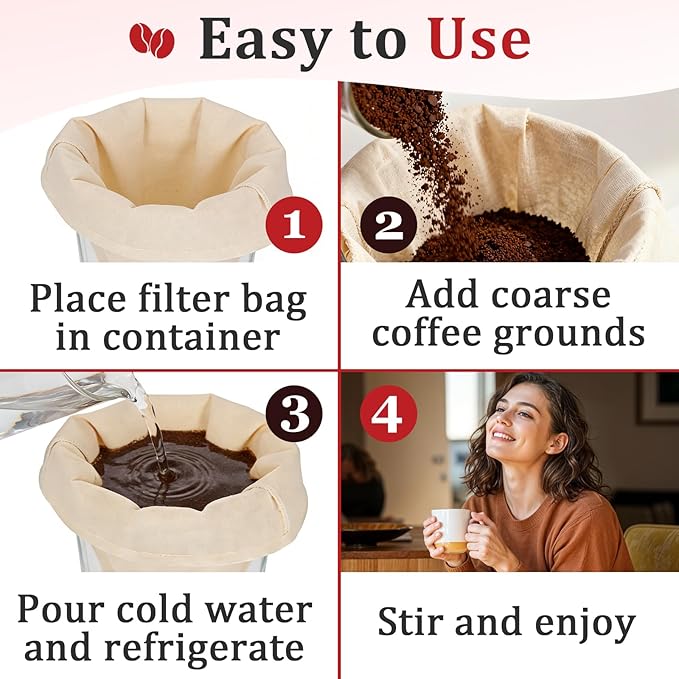 4 Pcs Reusable Cold Brew Coffee Bags with Drawstring for Toddy Systems Pitchers Mason Jars, Includes 2 Pcs Bonus Stainless Steel Spoons