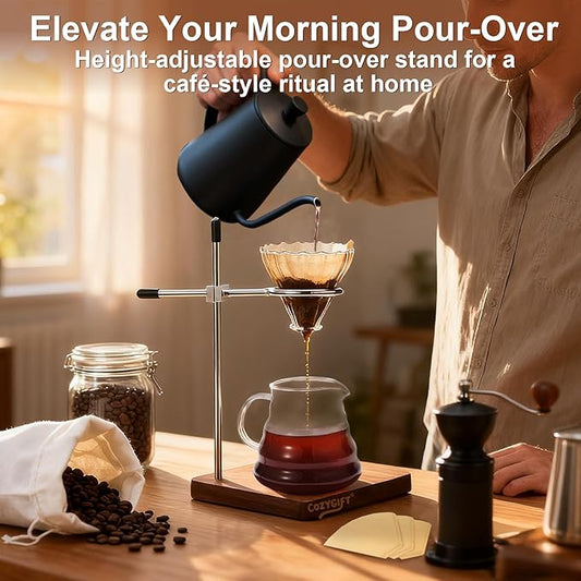 COZYGIFT Pour Over Coffee Stand with American Black Walnut Base, Adjustable Coffee Dripper Stand, Wooden Brewing Station, Cone Holder, Elegant Gift for Brew Enthusiasts, Home Barista & Kitchen Décor