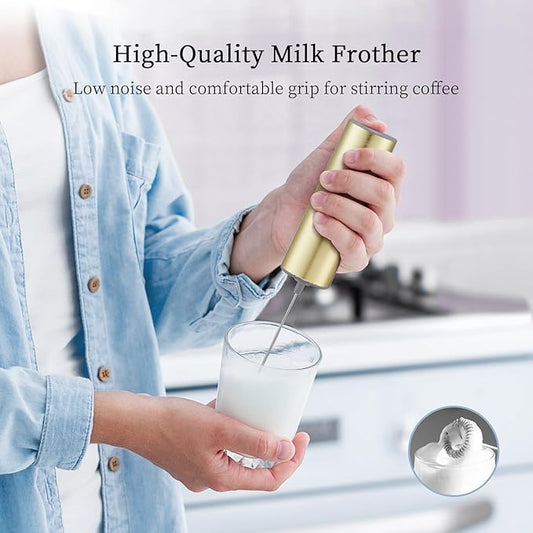Battery Operated Coffee Frother by ELMWAY, Stainless Steel Electric Whisk, Mini Milk Frother Handled for Coffee, Latte, Matcha and Protein Powder (Gold without Stand)