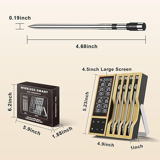 Smart Wireless Meat Thermometer with 4 Probes & APP Alerts, 800ft Bluetooth Grill Food Thermometer, NIST ±0.5℉ Accuracy, Digital Backlit LCD Screen, Standalone Base for BBQ, Oven, Smoker, Kitchen
