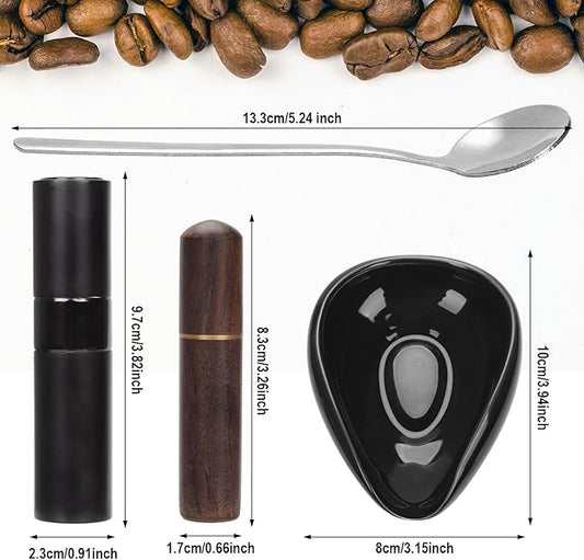 4-Piece Coffee Bean Dosing Cup, Spray Bottle, Espresso Stirrer Tool, Teaspoon Set, Ceramic Coffee Dosing Vessel Tray Kit Coffee Bar Accessories for Coffee Lovers (Up to 35g Coffee Bean)