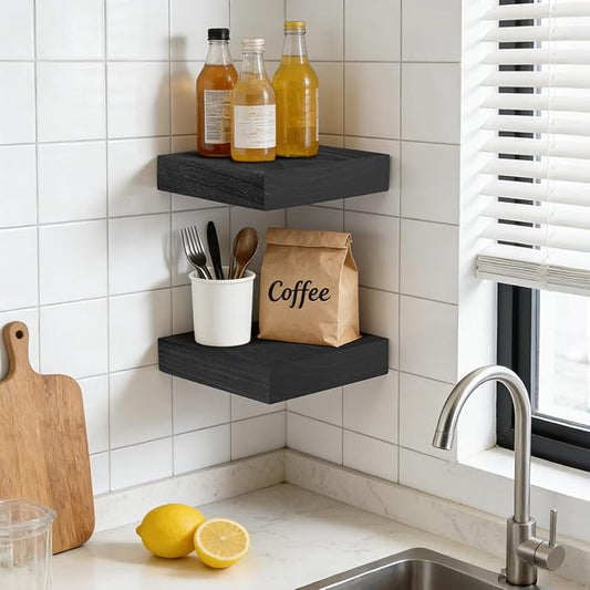 Floating Wall Shelves 6.8x6.8x1.7 Inch – Solid Wood Square Shelves in Black Finish – Rustic Mini Display Shelves for Entryway, Bathroom, Small Spaces – Set of 2