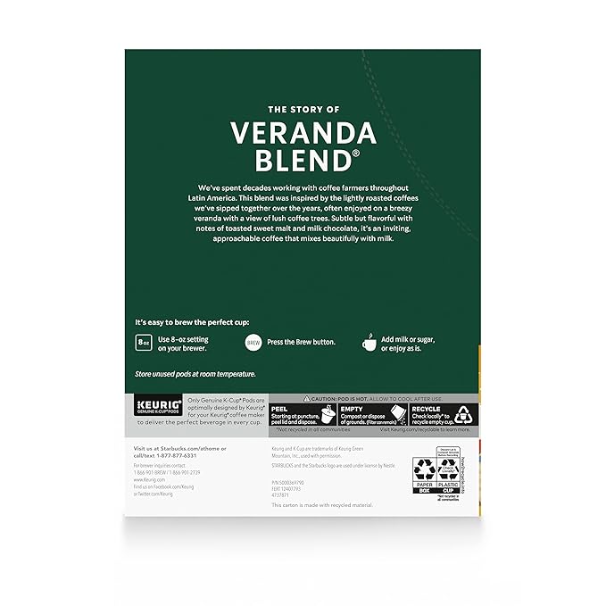Starbucks K-Cup Coffee Pods, Starbucks Blonde Roast Hot or Iced Coffee, Veranda Blend, 60 Keurig Pods