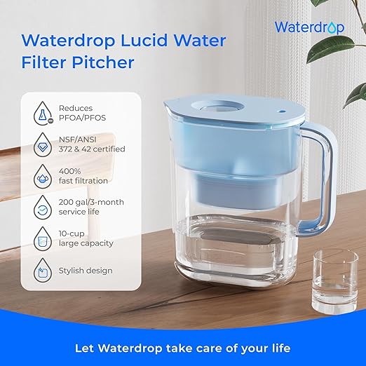 Waterdrop Water Filter Pitcher with 3 Filters, 200-Gallon Long-Life, 10-Cup Large Water Filter Pitcher, Improved Coffee & Tea Taste, NSF Certified, 5X Times Lifetime, Reduces PFOA/PFOS, Chlorine, Blue