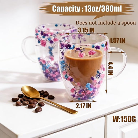 Viovian 13oz Double Wall Glass Coffee Mugs Set of 2 Insulated Glass Coffee Cups with Handles,Clear Dried Flower Tea Mug for Hot Beverages,Tea Cup Women Birthday Gifts