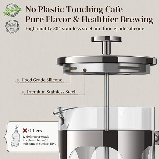 Veken French Press Coffee Maker 34oz,No Plastic Touching Cafe,Thickened Borosilicate Glass Stainless Steel Brewer,Cold Brew Cafetera Teapot for Kitchen Travel Camping,Gifts,Bar Accessories,Dark Pewter
