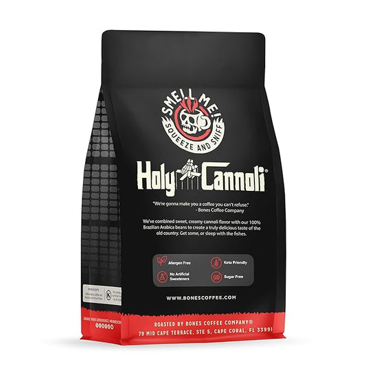Bones Coffee Company Holy Cannoli, Baked Cannoli Flavored Coffee, Medium Roast Low Acid Arabica Beans Compatible with Auto drip and French Press Coffee Maker, 12 Oz Whole Bean