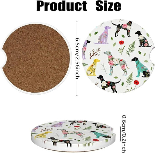 Car Cup Holder Coasters, 2 Pcs Ceramic Coasters with Finger Slot and Cork Back, Anti-Slip Shock Absorbing Women and Men Universal Car Accessories - Flower Dog