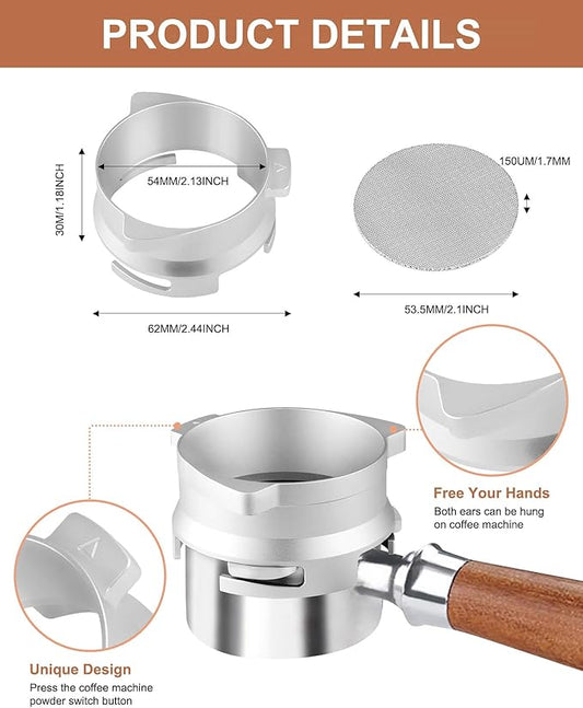 Vomika 54mm Coffee Dosing Funnel, Hands-Free Aluminum Dosing Ring & 53.5mm Stainless Steel Puck Screen, Espresso Accessories suitable for 54mm Breville Barista Portafilters, with Grinding Trigger