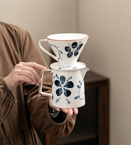 Pour Over Coffee Maker,Ceramic Coffee Maker With 40 pcs Paper Filter,15oz/450ml Pour Over Coffee Dripper (Blue and white, V02)
