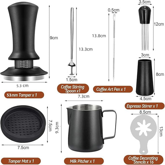 22 PCS Espresso Accessories Kit,53mm Coffee Tamper Set ,Barista Kit - with Frothing Pitcher WDT Tool Stirrer Tamper Mat Coffee Stencils Latte Art Pen