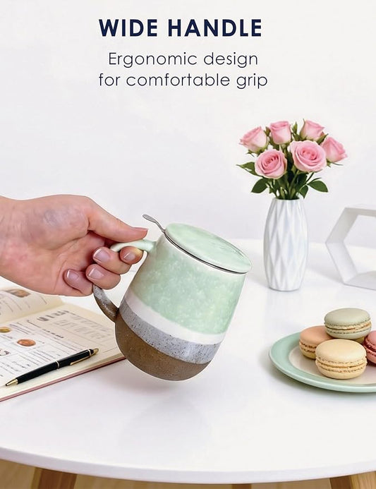 SISETOP 13.5 OZ Large Tea Infuser Mug, Reactive Glaze Tea Cup with Infuser and lid, Ceramic Infusion Mug for Loose Leaf, Microwave & Dishwasher Safe, Green