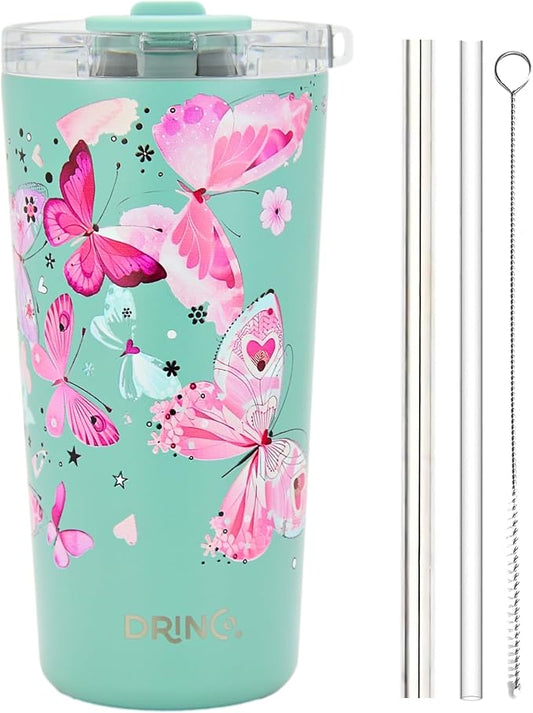 Drinco - 20 oz Stainless Steel Tumbler | Double Walled Vacuum Insulated Mug With Lid, 2 Straws, For Hot & Cold Drinks (20oz Butterfly)