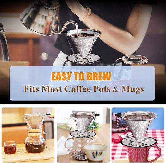 Gocoffun Pour Over Coffee Dripper, Reusable Cone Coffee Filter 1-4 cup, Stainless Steel Portable Coffee Filters Coffee Maker with Cleaning Brush for Home Office Travel Camping