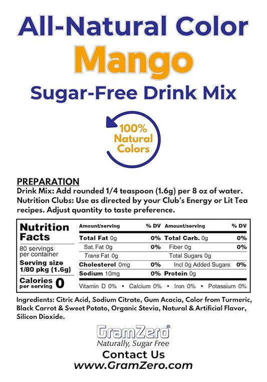 GramZero Mango Zero Calorie Sugar Free Drink Mix, Great For Nutrition Club Loaded Tea, Stevia Sweetened