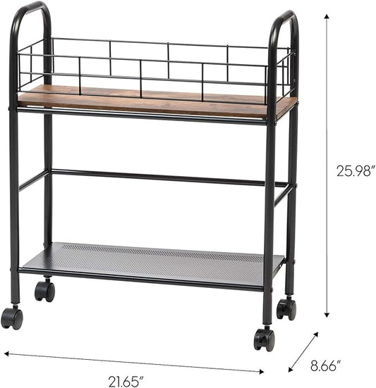 IRIS USA 2-Tier Kitchen Storage Rolling Cart with Lockable Caster Wheels, Coffee Station, Pantry Rack, Home Bar, Serving Cart, Slim, Rustic Brown