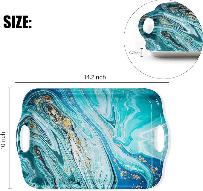 Serving Tray Decorative Tray with Handles Multi-Purpose Rectangular Serving Trays for Restaurant, Parties, Coffee Table, Kitchen - Blue Gilt Marble Pattern
