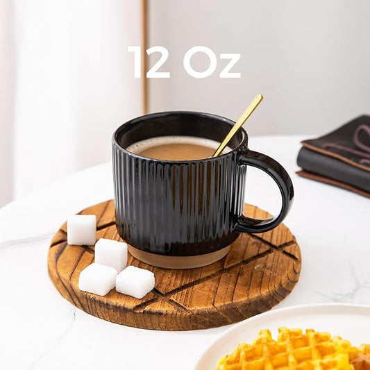 GBhome 12OZ Stackable Coffee Mugs Set of 6, Ceramic Coffee Mugs with Texture Patterns for Man,Woman,Dad,Mom, Modern Coffee Cups for Latte/Cappuccino/Cocoa. Dishwasher&Microwave Safe, Black