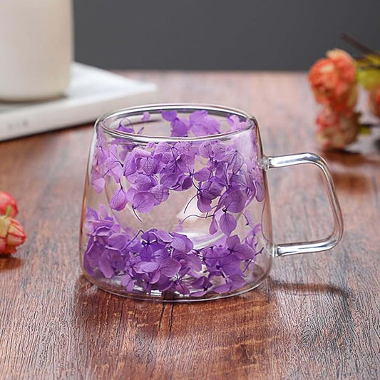 Generic Double Wall Insulated Glass Cup,Dried Flower Mug with Handle,Creative Transparent Coffee Cups,Gift for Women Mom Female (Purple)