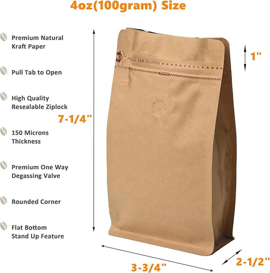 Resealable Side Zipper Coffee Bags with Degassing Valve, High Barrier Natural Kraft Coffee Pouches with Aluminum Foil Liner, Ziplock Food Storage Bags, Longer Shelf Life (50, 4oz/0.25lb)