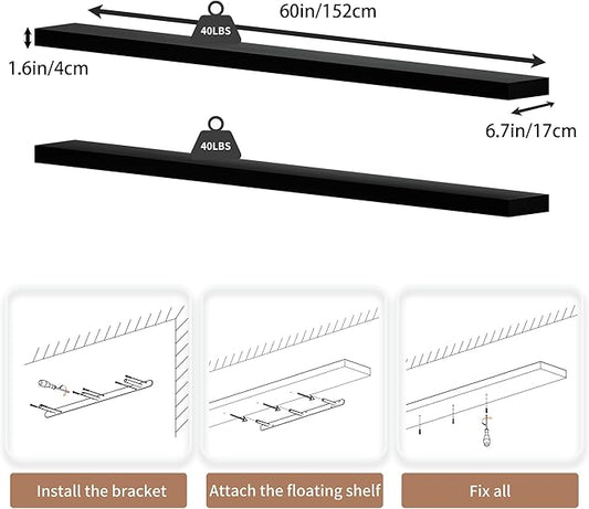 60 inch Long Floating Shelves for Wall,Solid Wood Long Shelves Set of 2,Rustic Wall Mounted Shelves with Invisible Brackets for Decor & Storage (Black, 60 Inch)