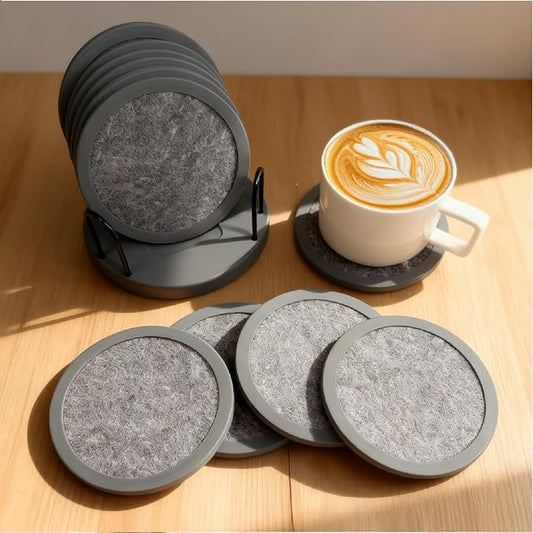 Set of 6 Non-Slip Silicone Coasters with Holder, Double-Sided Absorbent for Hot/Cold Drinks, Scratch & Water Ring Protection for Wood Tables, Home Office Bar, Black Gold Marble (Grey)