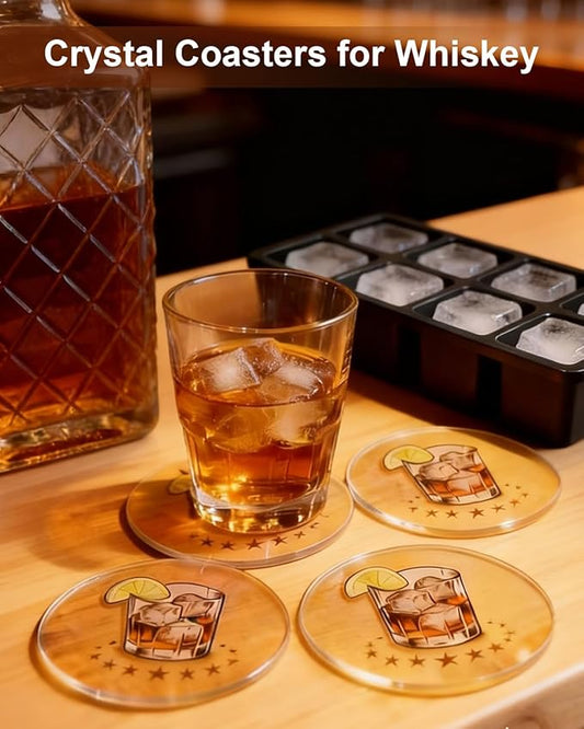 Acrylic Coasters Set of 4, Bar Drink Coasters for Coffee, Whiskey, Cocktails, Clear Modern Drink Coasters for Home Bar, Coffee Table & Office Desk, Cold Drinks, Office Decor, Non-Scratch & Easy Clean