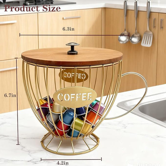 Coffee Pod Holder with Lid -Coffee Creamer Holder Large Capacity Holder for k Holder Organizer for Counter - Coffee Decor Station for Pods, Espresso, Capsules, Creamer, (Gold-CC)